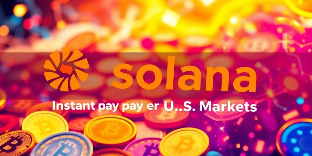 Solana logo with digital currencies and memecoins background.