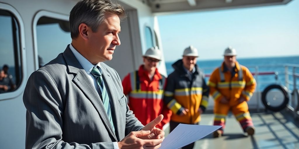 Maritime lawyer consulting with injured seafarers on a ship.