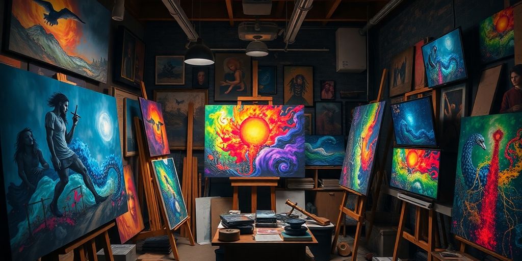 An artist's studio with canvases and digital screens.