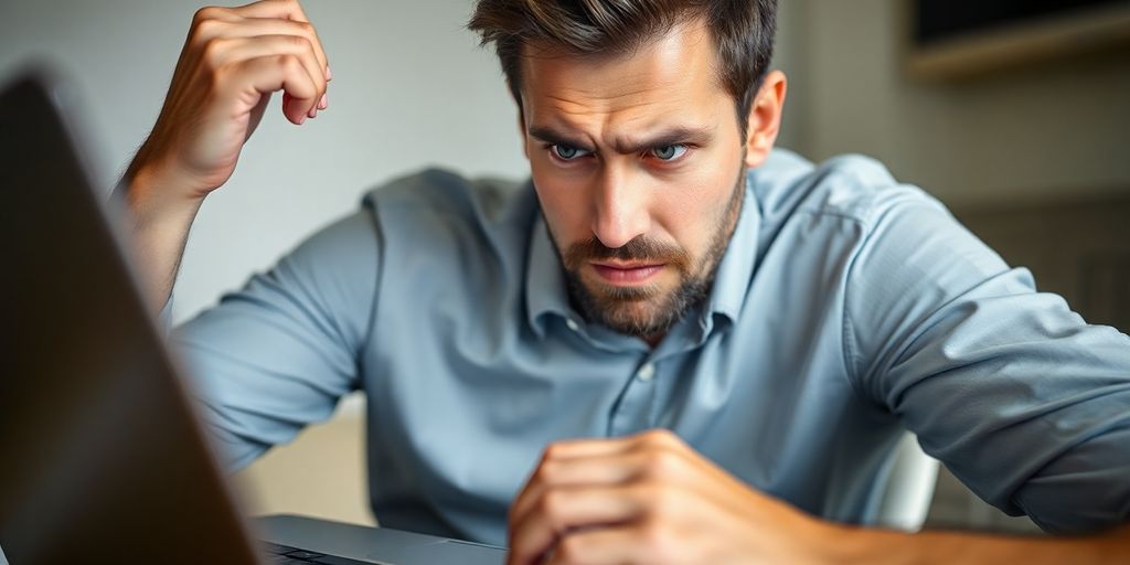 Frustrated investor looking at cryptocurrency options on laptop.