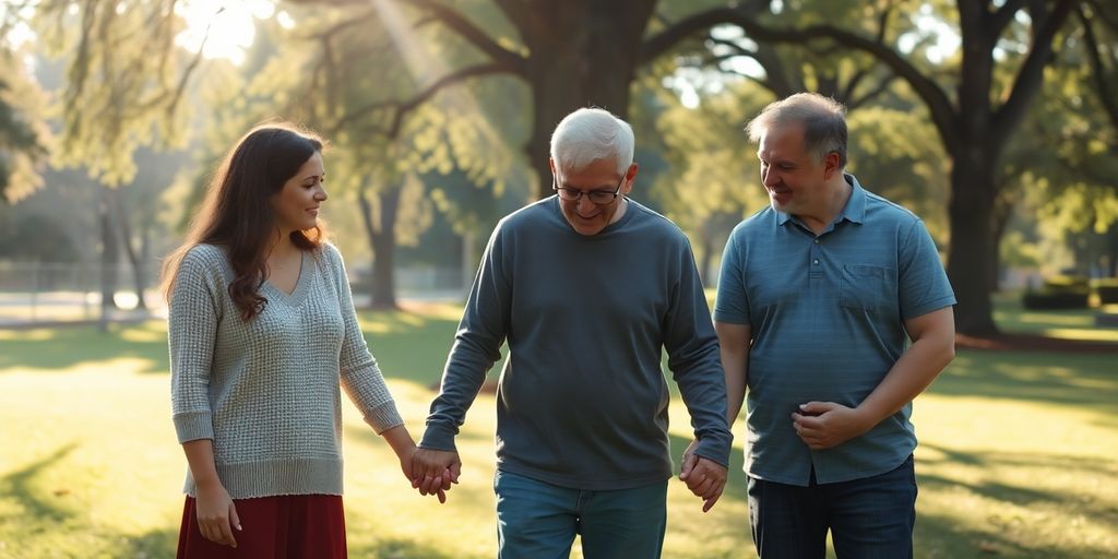 Grieving family in a park, holding hands together.