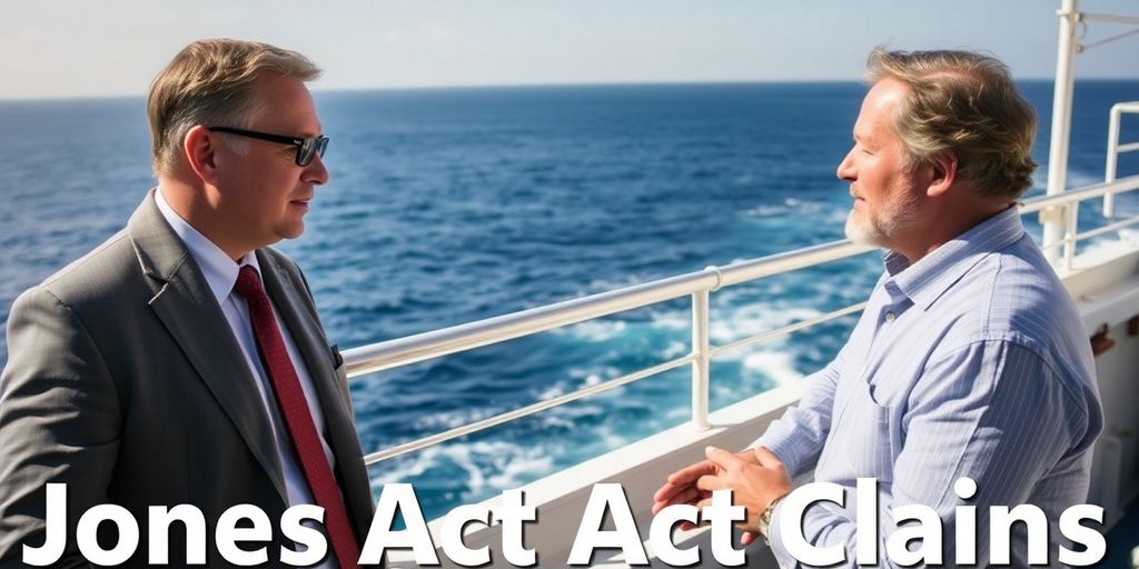 Lawyer consulting client on a ship's deck.