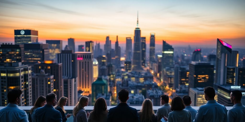 City skyline with people discussing decentralized finance innovations.