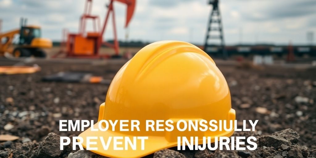 Hard hat and safety gear on an oilfield background.