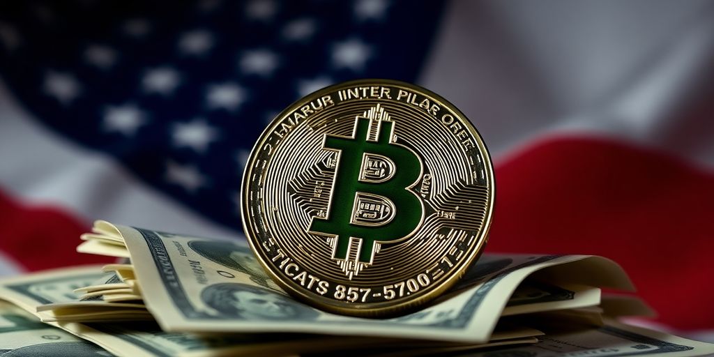 Bitcoin coin on cash with U.S. flag backdrop.