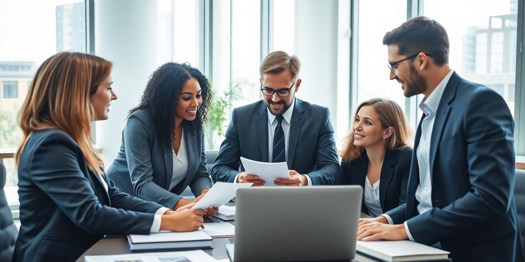 Group of lawyers collaborating in a bright office.