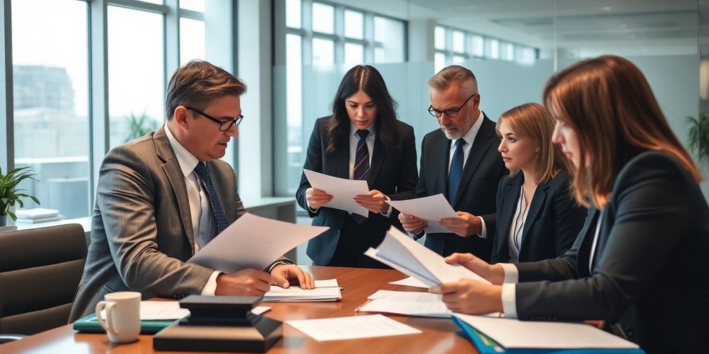 Lawyers strategizing in a modern office setting.