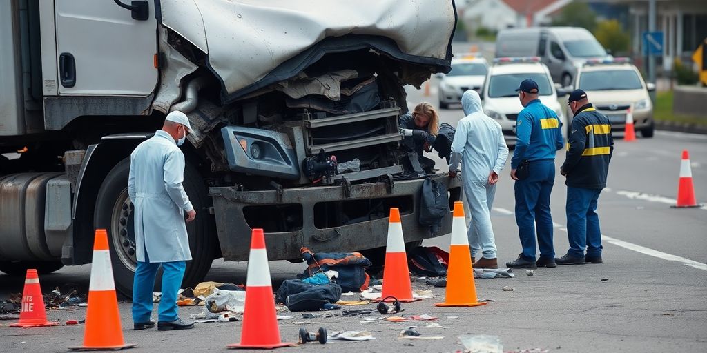 Investigators at a truck accident scene with wreckage.