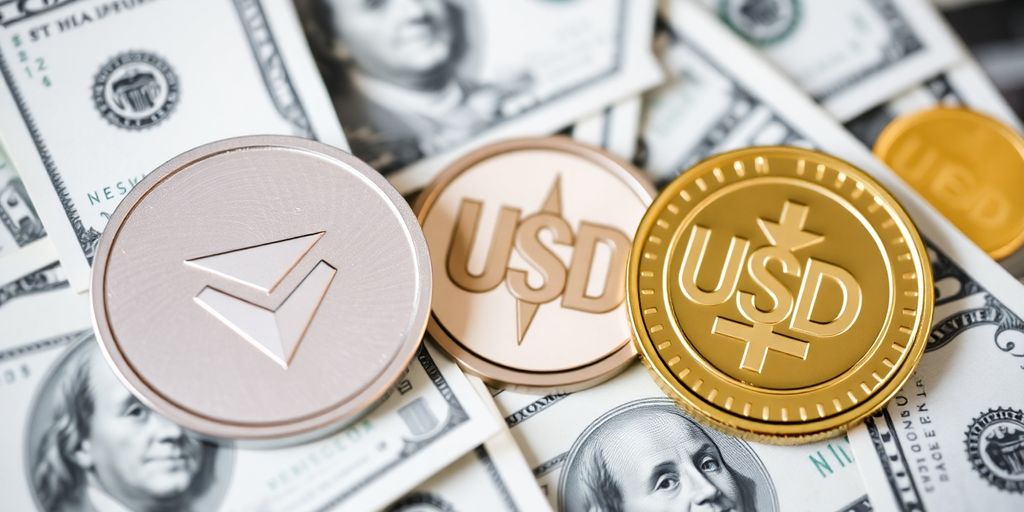 Tether and USD Coin logos with U.S. dollar bills.