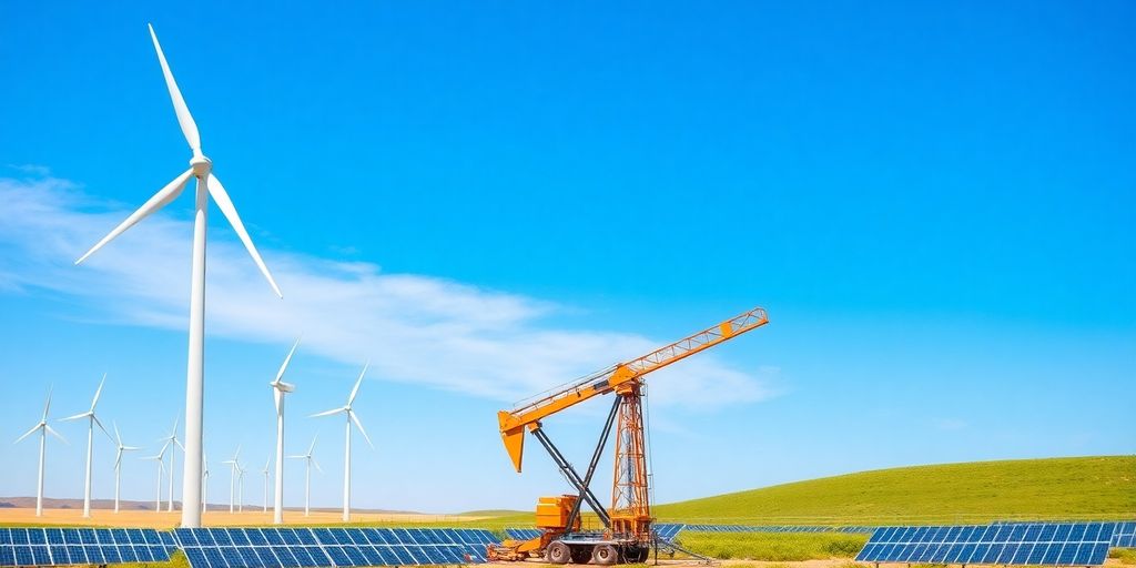 Texas landscape with wind turbines and solar panels.